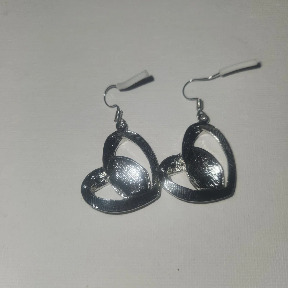 Heart Football Earrings Dangle Drop Silver‎ Tone Red Rhinestone Game Day